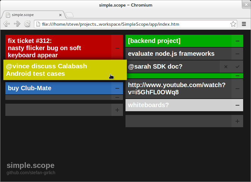 A screenshot showing a Chromium browser window running simple.scope with some demo content.